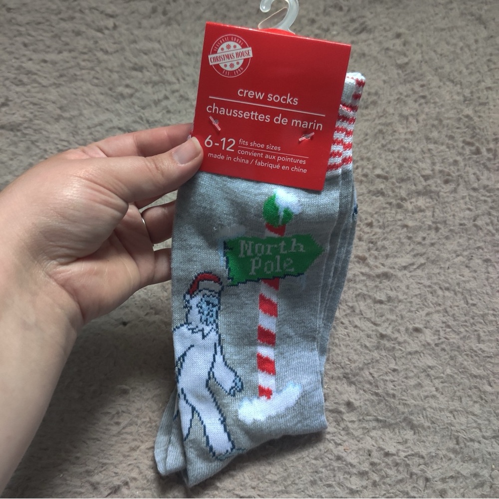 Festive Gray Crew Socks with North Pole Design and yeti with Santa hat